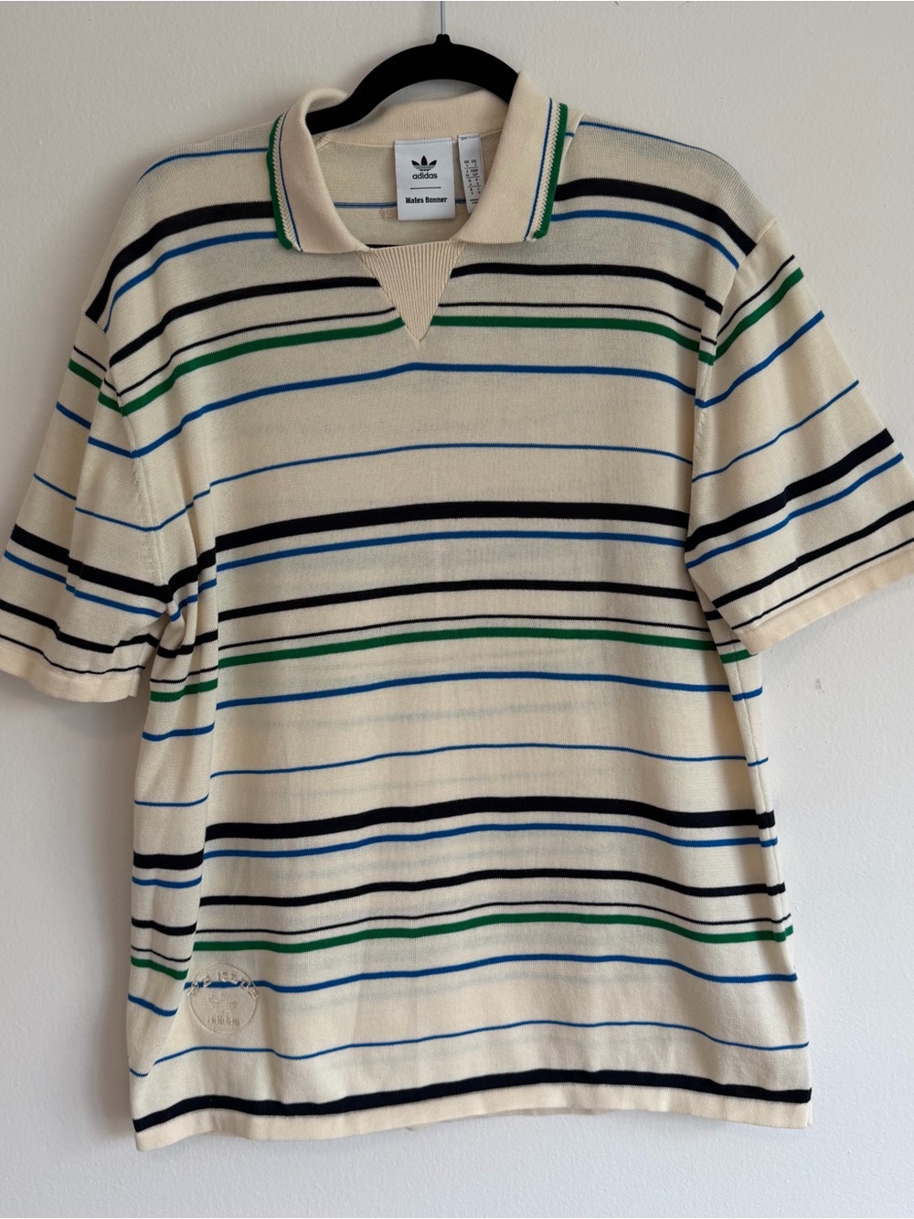 adidas & Wales Bonner Men’s Cream Polo with Green, Blue & Black Stripes